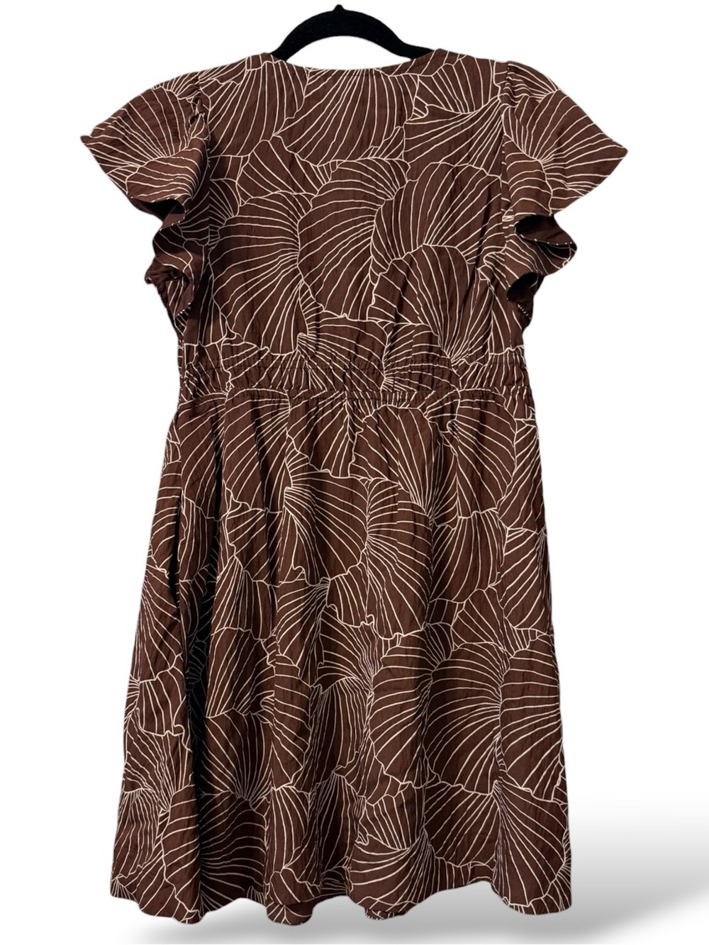 A New Day Brown Leaf Print Mini Dress Small Flutter Sleeve V-Neck - Picture 3 of 8